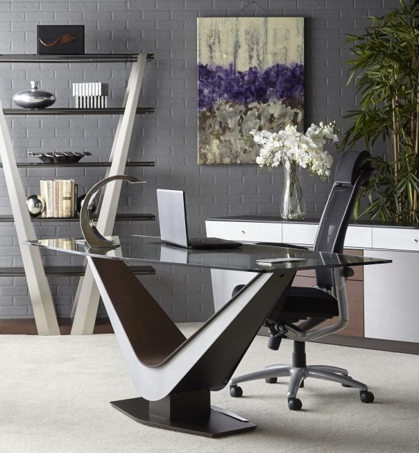 Writing Desk with V-Shaped Wood Base and Thick Glass Top, Modern Design