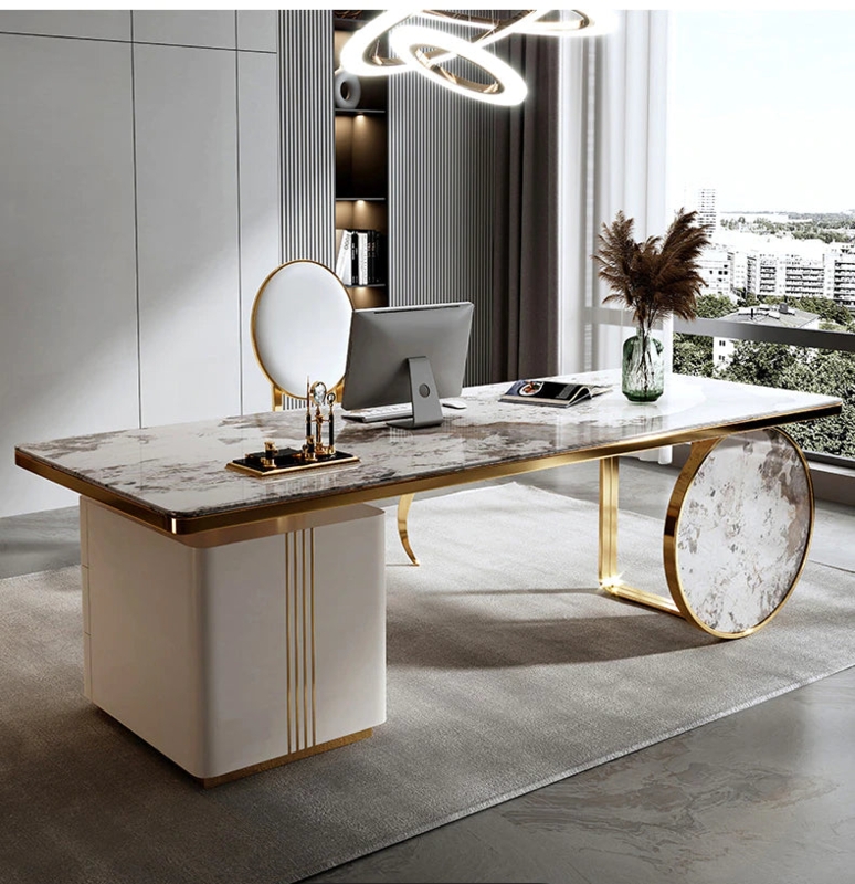Writing Desk with White Lacquer Finish and Gold Legs, Modern Glam Desk