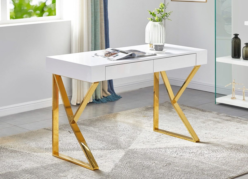 Writing Desk with White Lacquer Top and Gold Sawhorse Trestle Legs