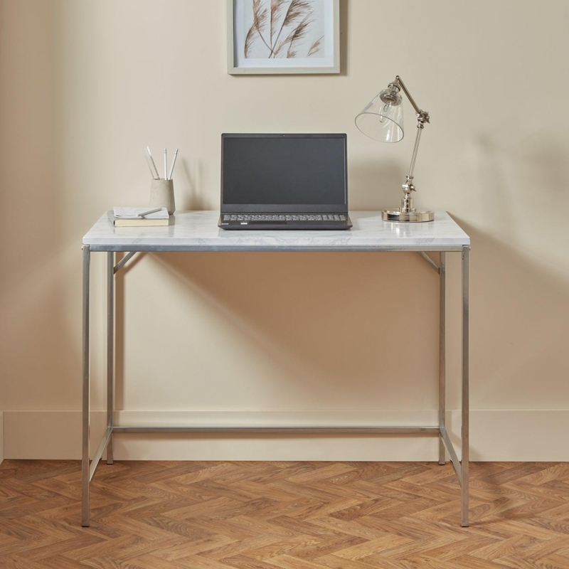 Writing Desk with White Marble Effect Top and Polished Chrome X-Frame