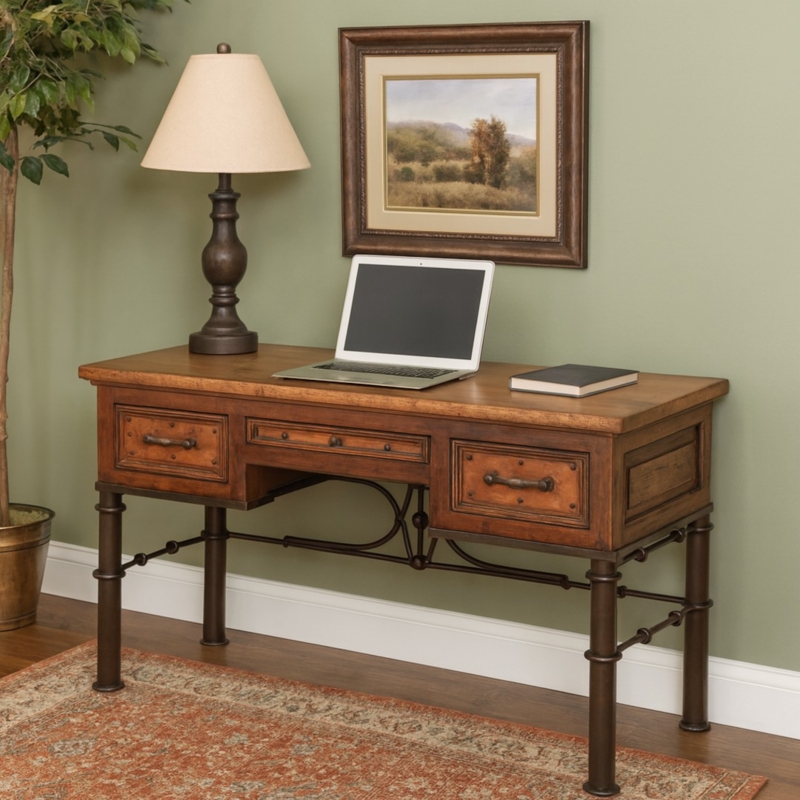 Writing Desk with Wrought Iron Base, Three Drawers, and Scrollwork.