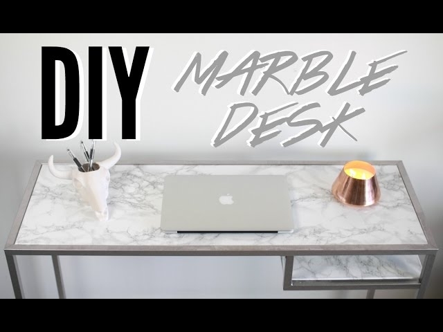 Writing Desk with X-Base, Marble Pattern Top, Gold X-Frame Marble Table
