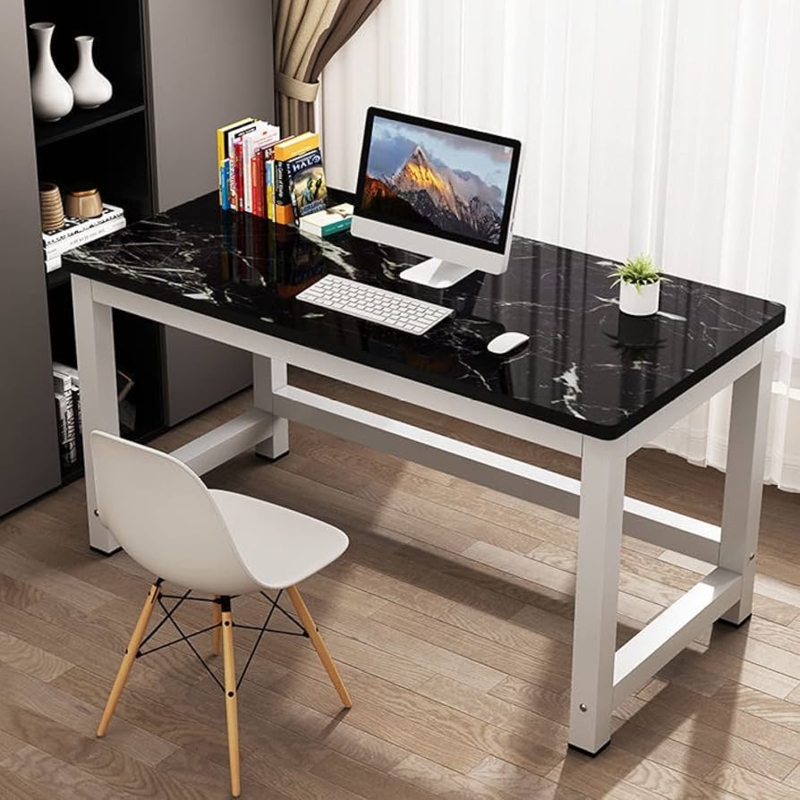 Writing Desk with X-Brace Support and Black Marble Top, Modern Desk
