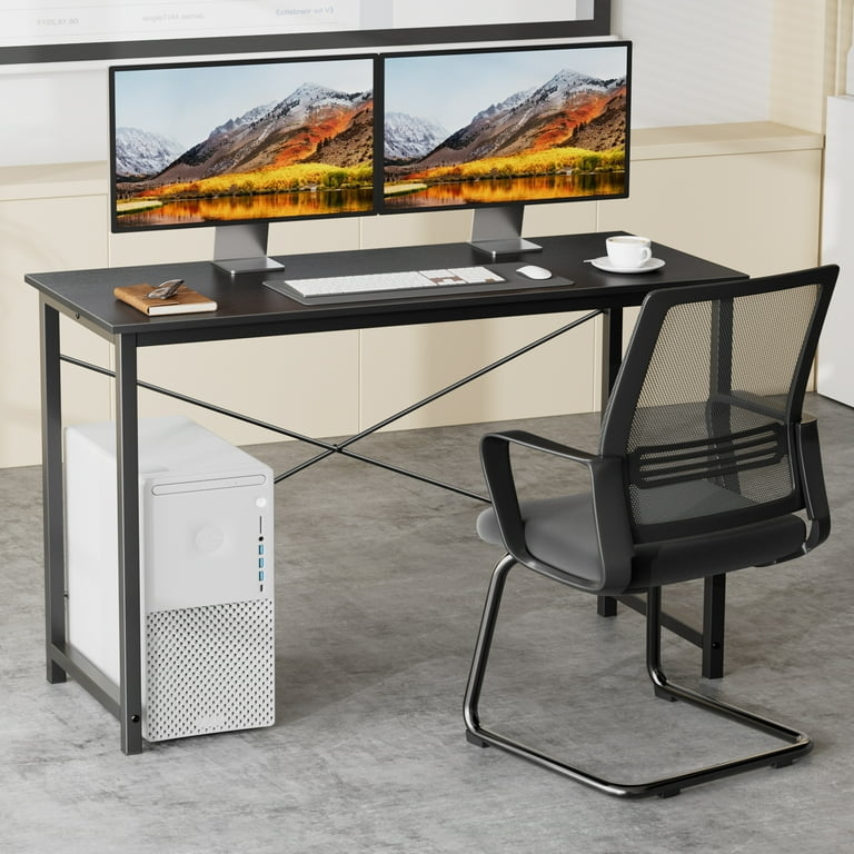 Writing Desk with X-Frame Brace, Slim Profile, and Black Metal Frame.