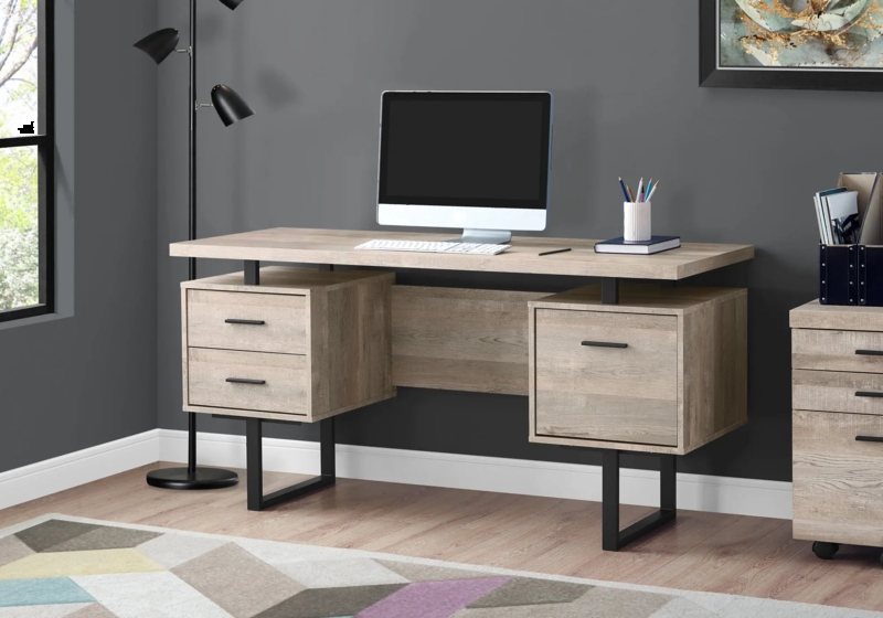 Writing Desk Wood Grain with Black Metal Sled Base
