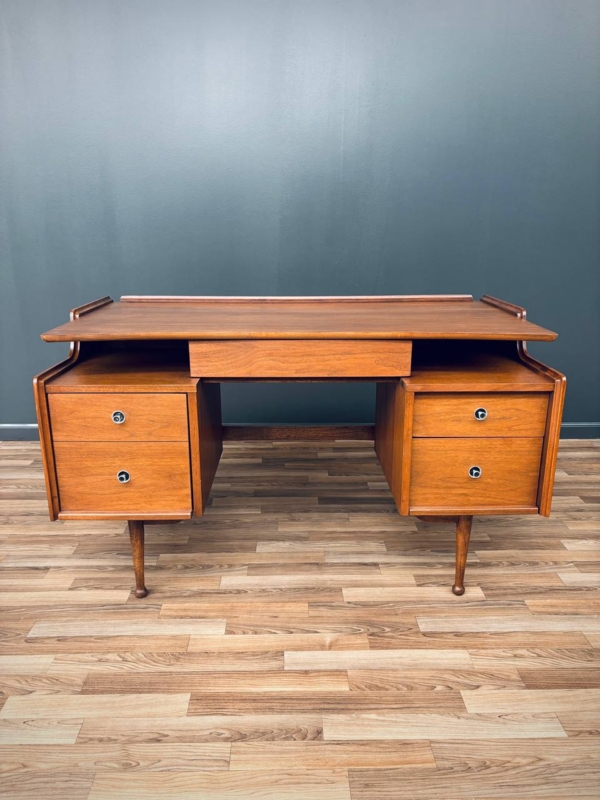 Writing Desk Wood Toned with Sculpted Pulls Three Drawers Vintage