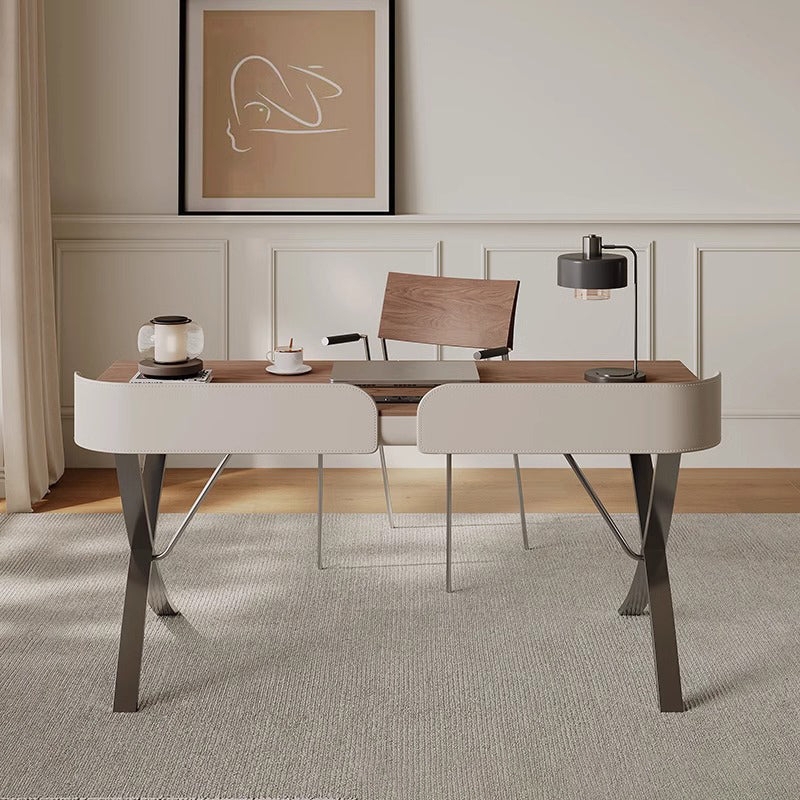 Writing Desk Wraparound Baffle Tan Leather Wood Toned Drawer Front