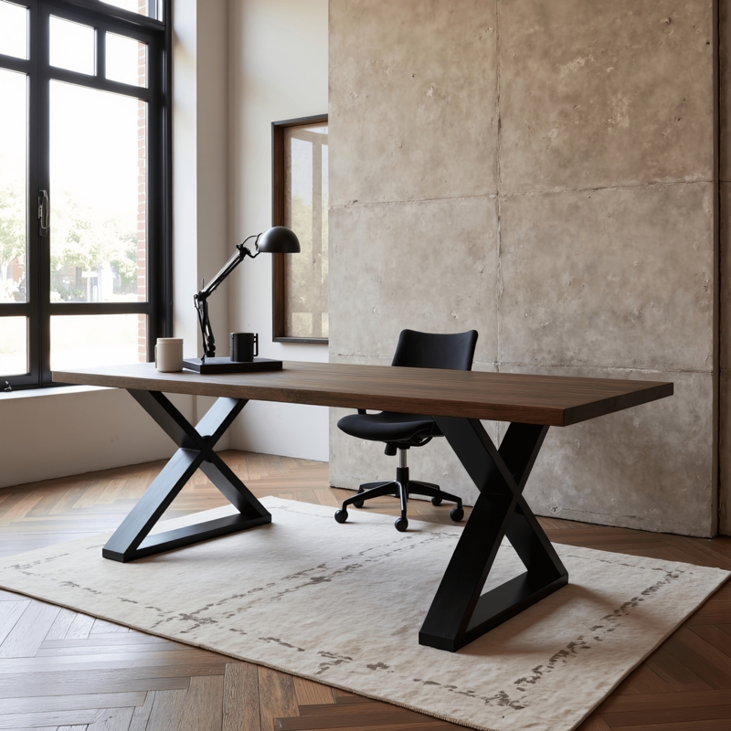 Writing Desk X-Base Natural Wood Surface with Thick Tabletop Profile