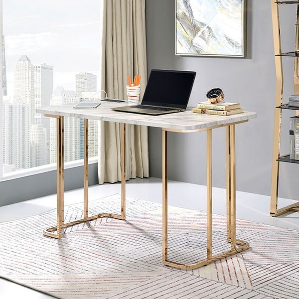 Writing Desk, X-Frame Base, Faux Marble Top, Glam Style Home Office Desk
