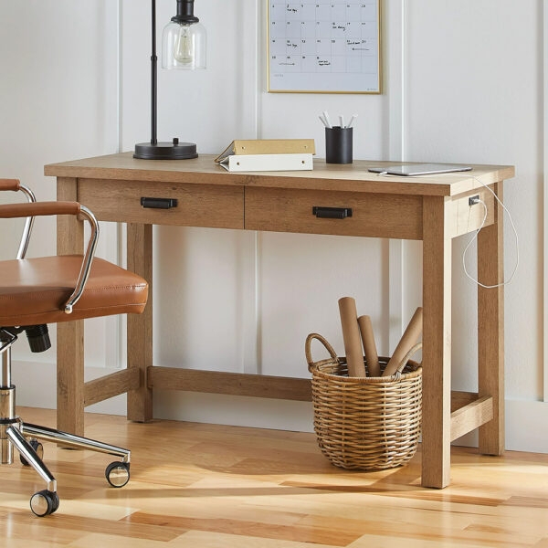 Writing Desk X-Frame Legs Cup Pulls Natural Wood Finish Rustic Style