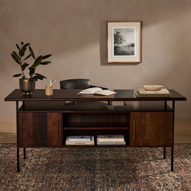 Writing Desk X-Frame Legs Four Drawers Distressed Wood Metal