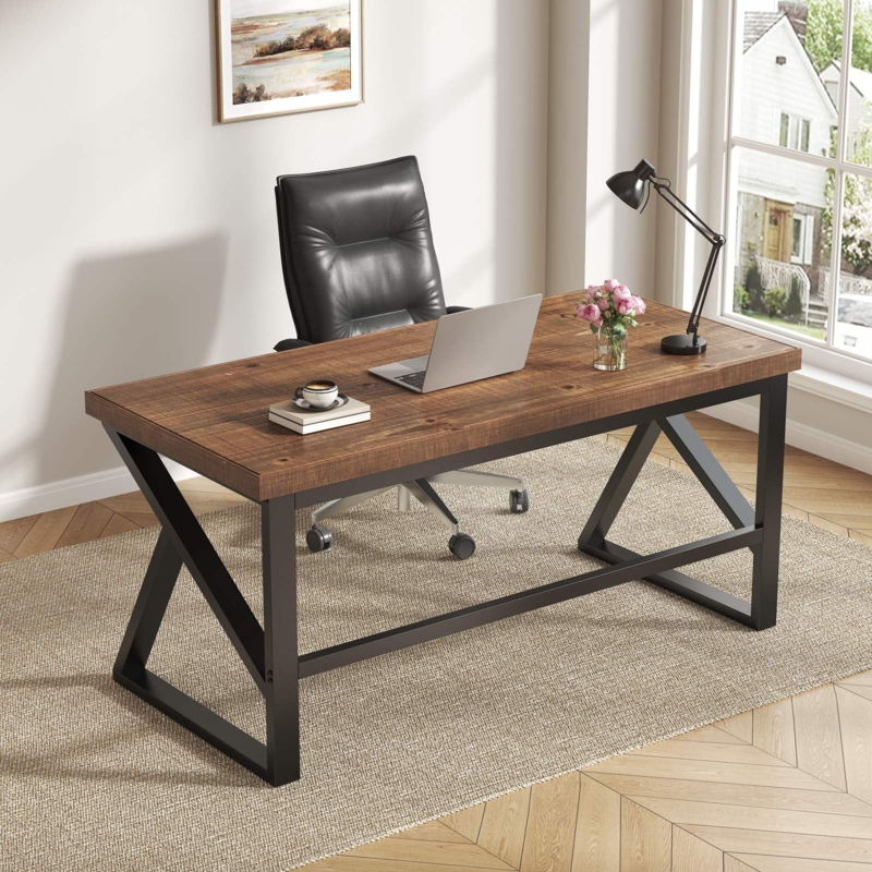 Writing Desk X-Frame Legs Wood Grain Top Metal Base Minimalist Style