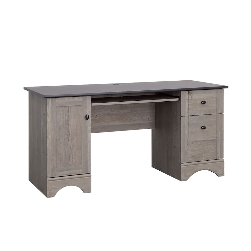 Writing Desk X-Frame Sides Weathered Oak Finish Dual Drawers Rustic Style