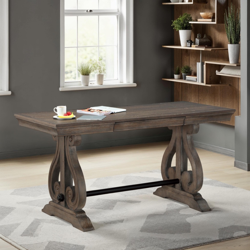 Writing Desk X Shaped Braces Distressed Dark Oak Rustic Metal Accents
