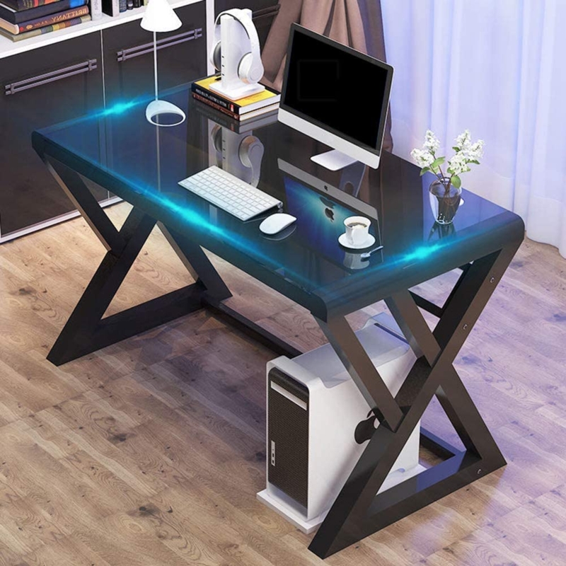Writing Desk Z-Frame Metal 55 Inch Width Modern Industrial Glass Top