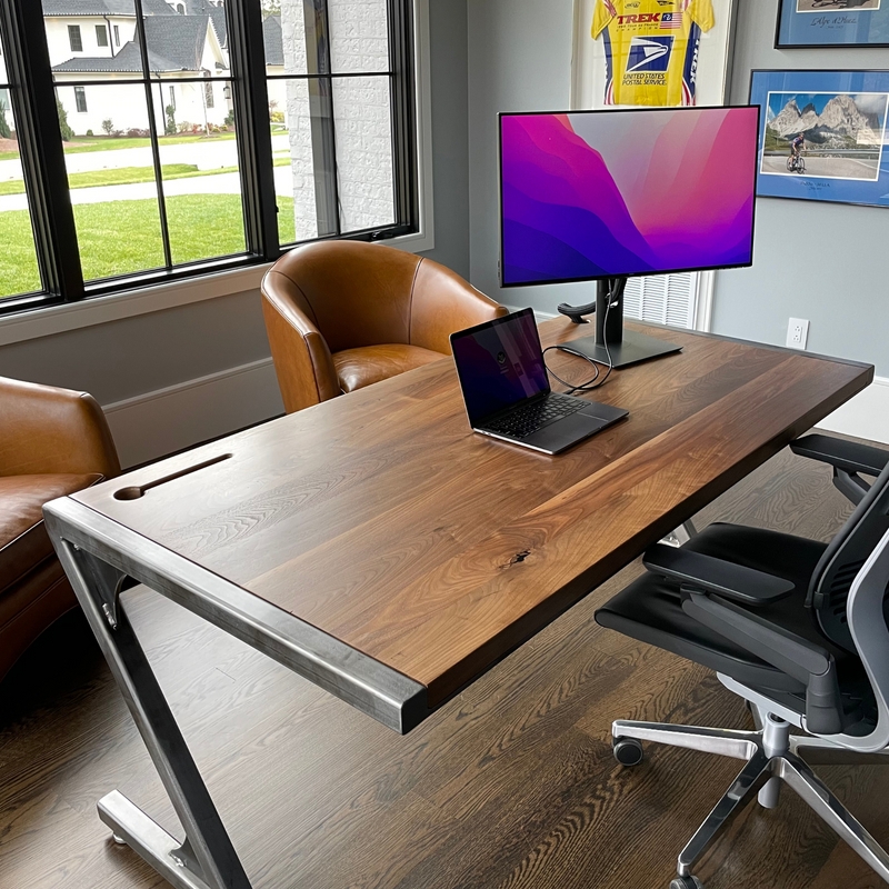 Writing Desk Z-Shaped Legs, Matte Black Metal Base, Minimalist Industrial.