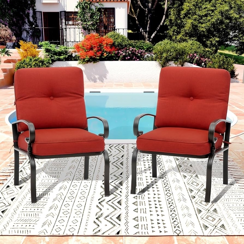 Wrought Iron Look Patio Chairs with Red Cushions and Lattice Back