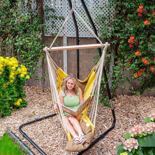 Yellow Hammock Chair with Tufted Brown Cushion Boho Style