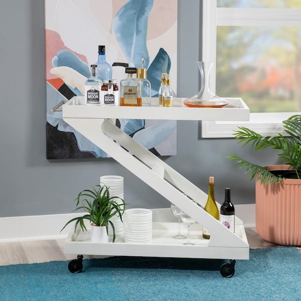 Z-Shaped Bar Cart in White, Minimalist Z-Frame Bar Cart Design