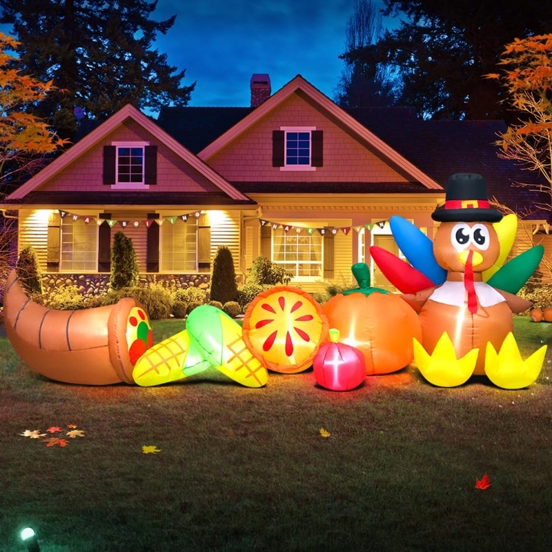 10ft Holiday Inflatable Turkey In Harvest Wagon With LEDs
