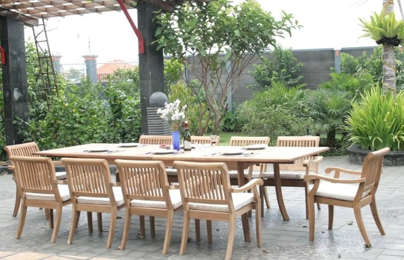 11 Piece Teak Look Outdoor Dining Set with Slatted Stacking Chairs