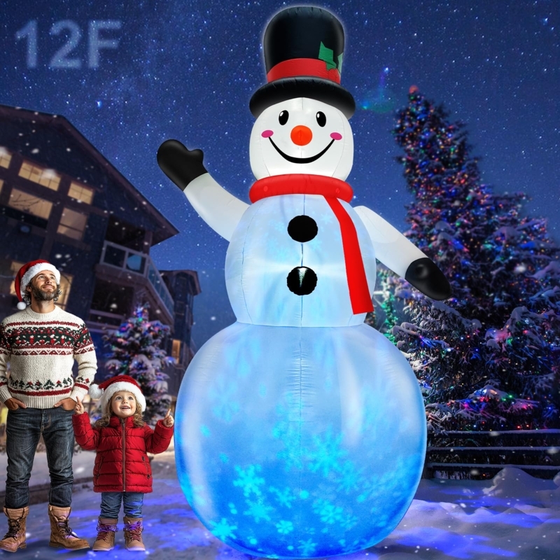 12 Ft Giant Inflatable Snowman with Rotating Snowflake Projector