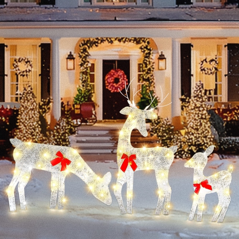 2D Lighted Silhouette Deer Family, Warm LED Festive Outdoor Decor.
