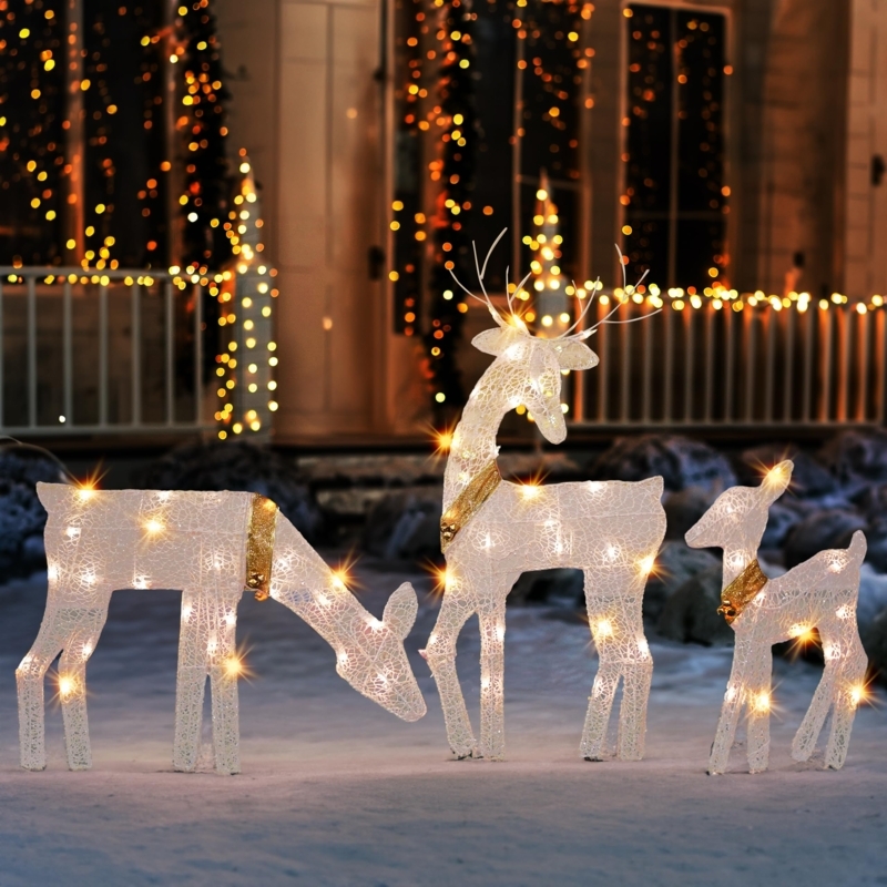 2D Reindeer Family Set White Wireframe Pre-Lit with Bows
