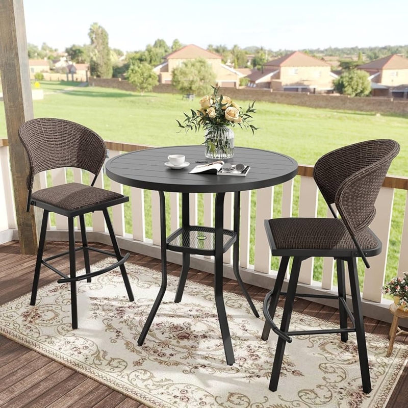 3-Piece Outdoor Bar Set featuring Black Metal and Wicker Swivel Stools