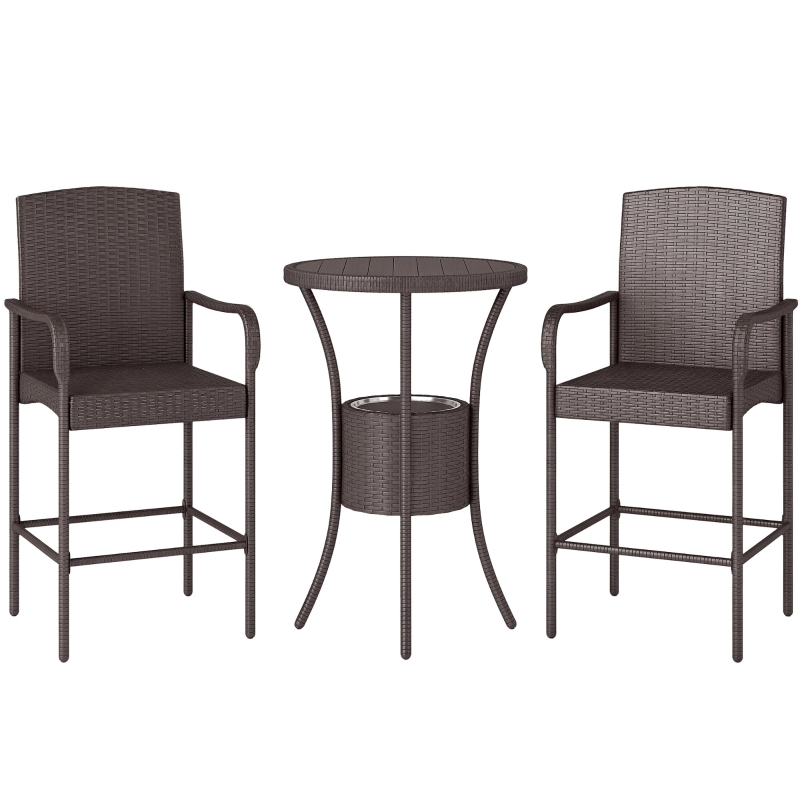 3-Piece Woven Rattan Outdoor Bar Set with Built-in Ice Buckets