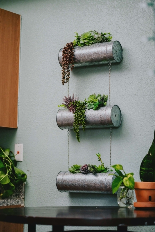 3-Tier Hanging Planter, Matte Black Metal, Chain Link, Circular Bowls