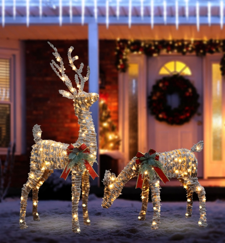 3D Illuminated Reindeer Lawn Ornament, Dense Wire Mesh with Red Bow.