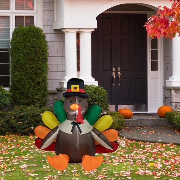 4ft Inflatable Turkey With Colorful Tail Feathers And LEDs