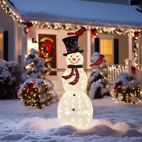 5 Ft Tinsel Snowman with Top Hat, Warm LED Yard Decoration