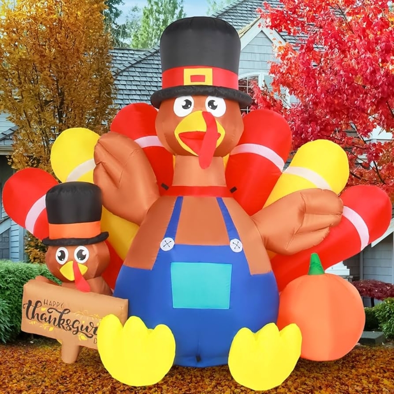 7.5ft Inflatable Turkey With Vibrant Multi-Colored Tail Feathers
