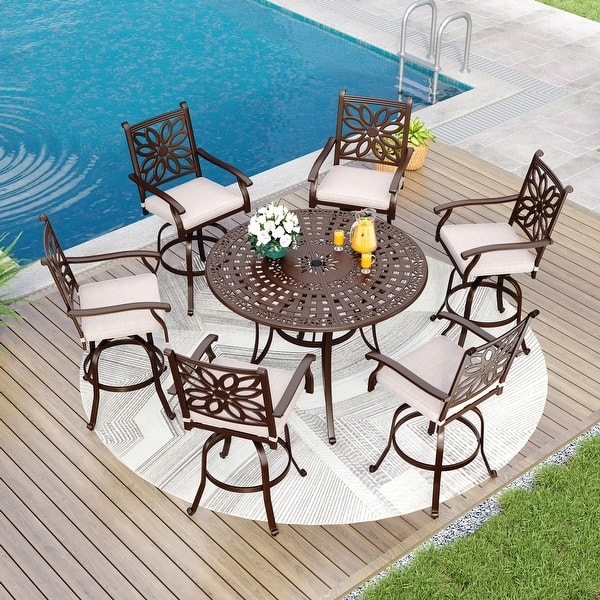 7-Piece Cast Aluminum Outdoor Bar Set with Swivel Lattice Back Stools