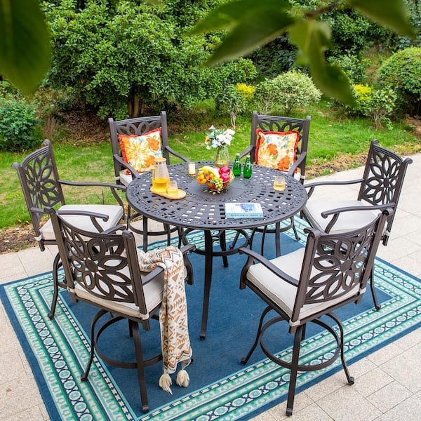 7-Piece Outdoor Dining Set, Cast Aluminum, Swivel Stools, Lattice Top