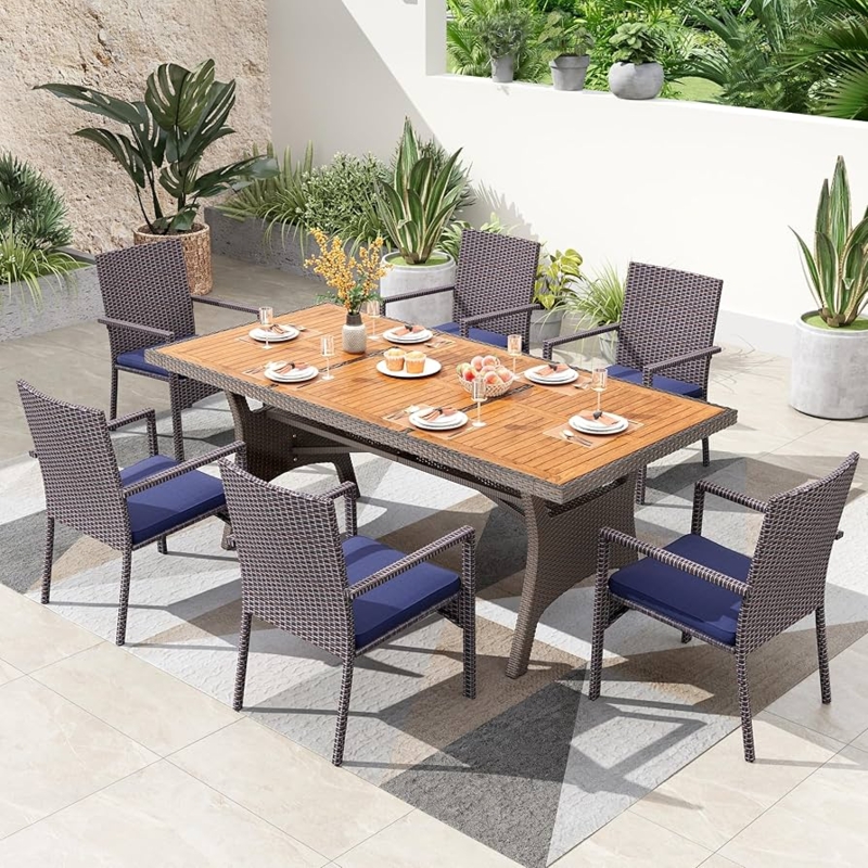 7-Piece Outdoor Dining Set Woven Rattan Chairs Slatted Acacia Top