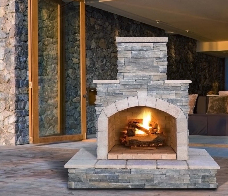 78-Inch Freestanding Fireplace, Beige Stone Texture, Tiered Chimney Hearth.