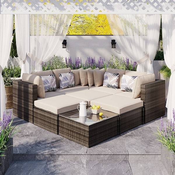 8-Piece U-Shaped Outdoor Sectional Set Dark Wicker Beige Cushions