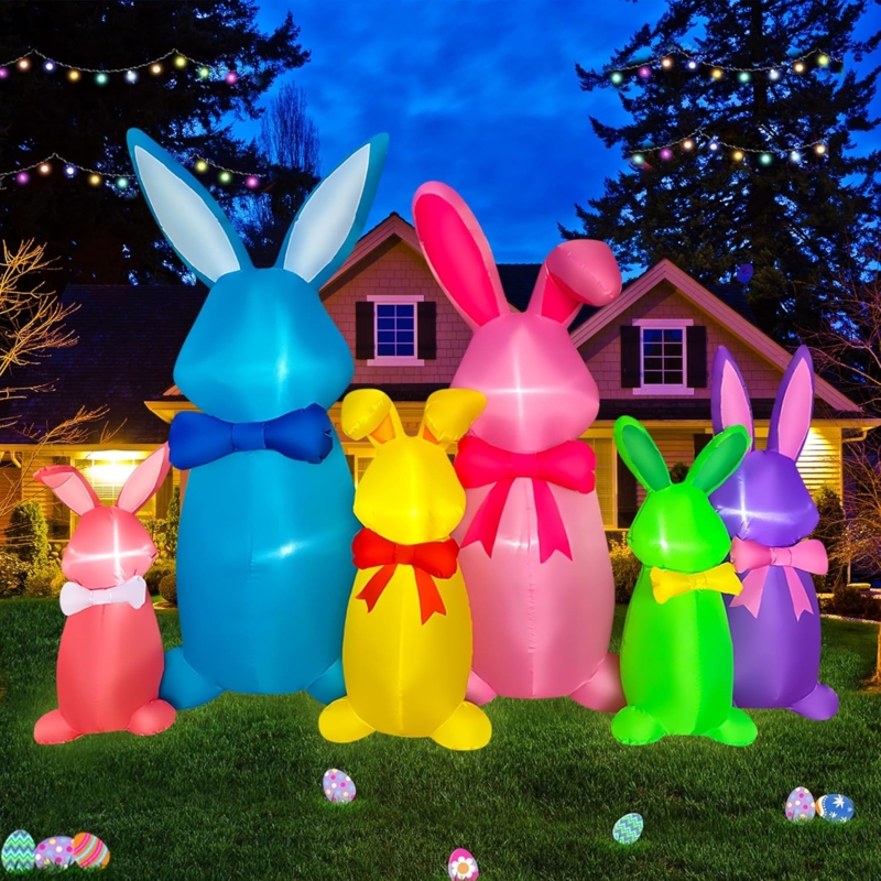 8FT Holiday Inflatable Bunny Holding Large Striped Egg LED Decor