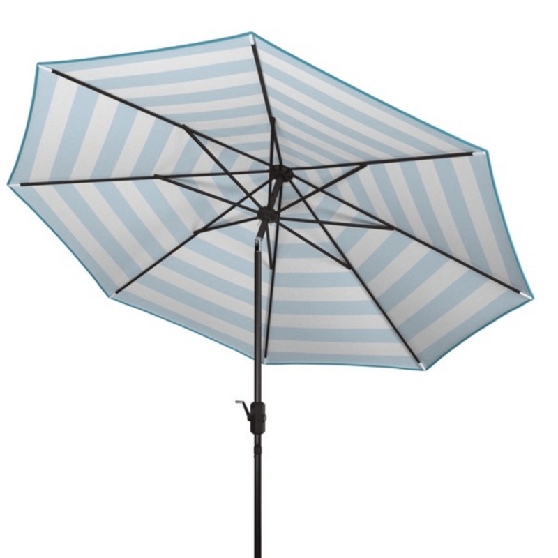 9-Foot Patio Umbrella Scalloped Edge Navy Blue Stripe Crank Lift