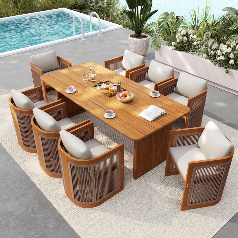 9-Piece Outdoor Dining Set with Slatted Wood Design.
