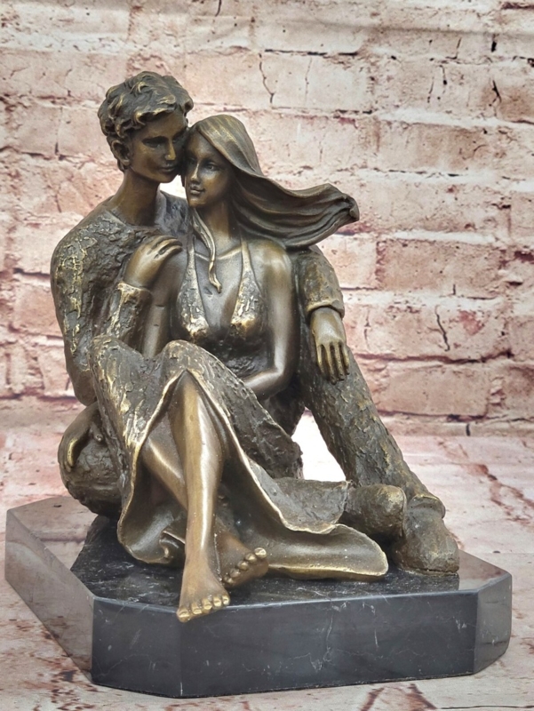 Abstract Sculpture of Couple Embrace with Verdigris Patina