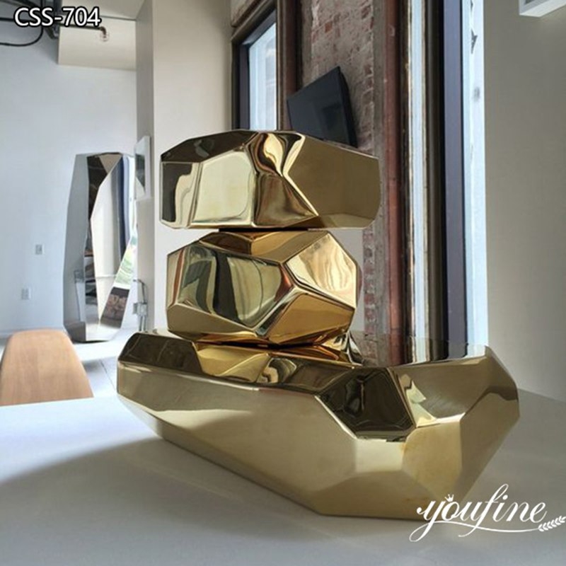Abstract Sculpture Stacked Cubes Polished Gold Mirrored Finish Patio Decor