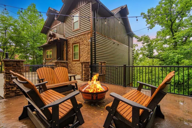 Adirondack Chairs Around Deck-Mounted Fire Pit on Rustic Mountain Cabin Deck