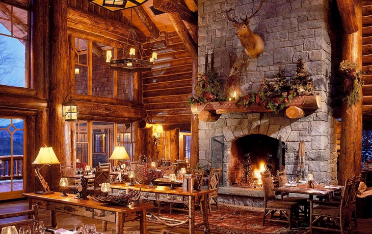 Alpine Lodge Lounge with Stone Fireplace, Timber Framing and Candle Chandeliers