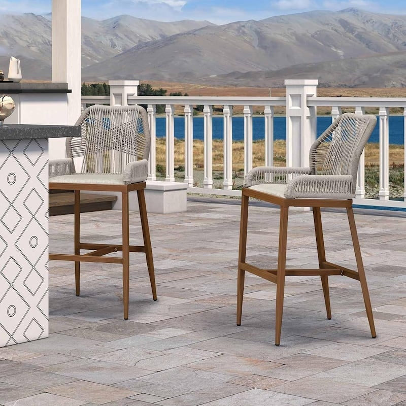 Aluminum Frame Bar Stools with Umber Woven Rattan Backs and Cushions