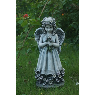 Angel Statue Cradled Flowers Winged Silhouette Weathered Gray Finish