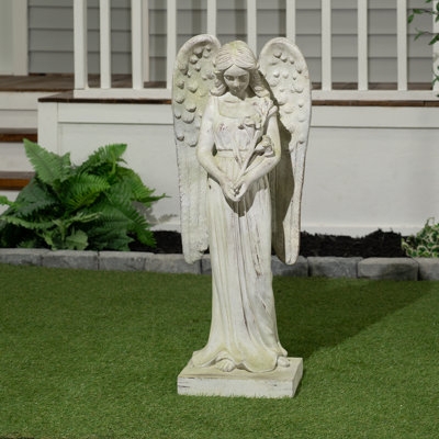 Angel Statue Holding Cross Distressed Cream Finish Classic Spiritual Decor